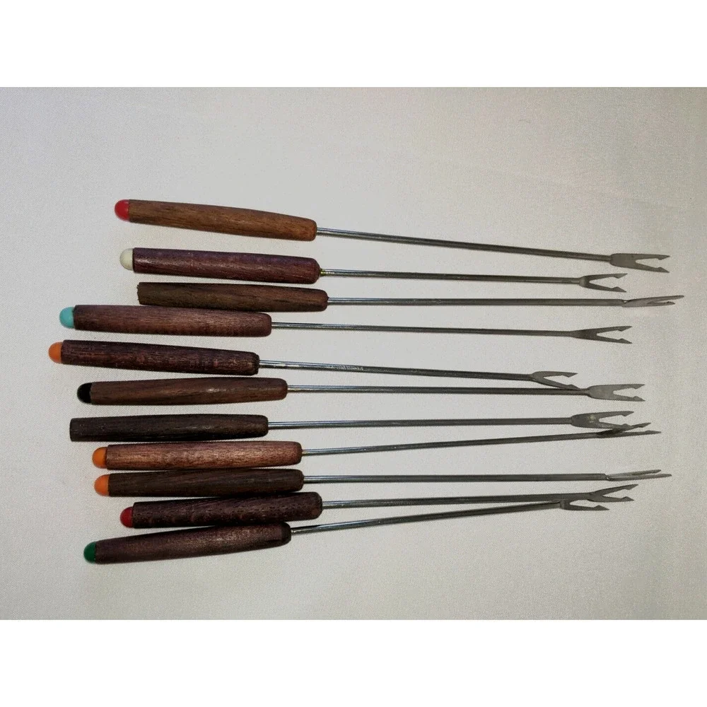 Lot of 11 Fondue Forks Wood Handles Double Prong
